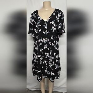 Evri Black Floral Dress Above Knee Tiered Gathered Ruffle Short Sleeve New 1X